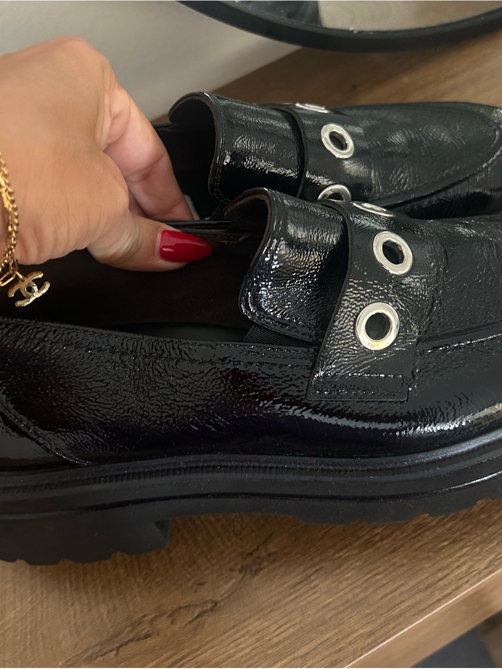 Paul Green Black Patent Loafers with Silver Eyelets Size 8